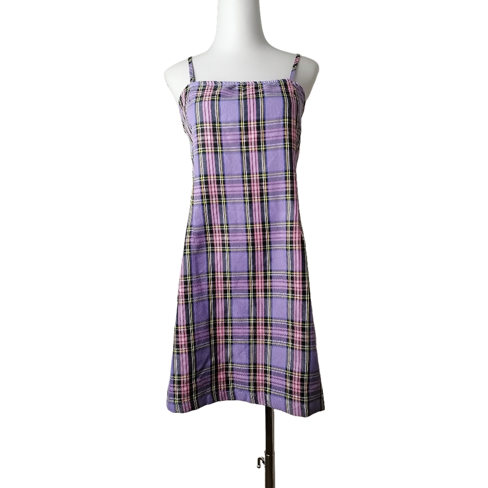 ☔️ L, purple and pink plaid slip dress made from a polyester blend of fa…